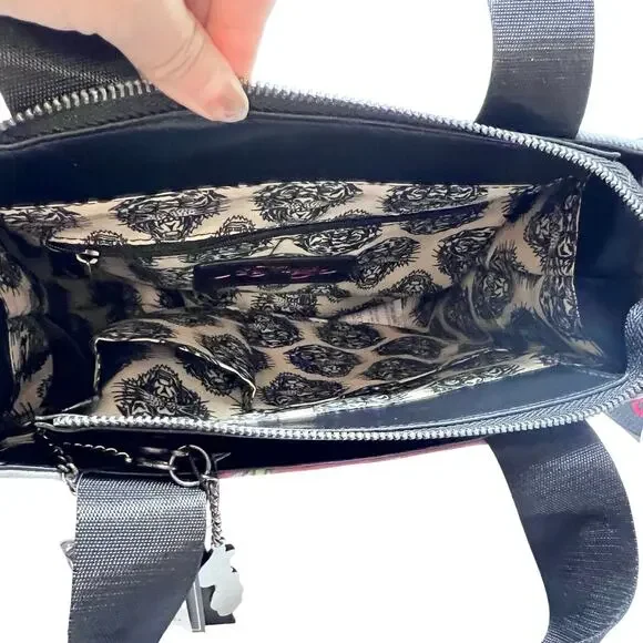 Ed Hardy Denim Tote Crossbody Satchel Bag Denim Pink Tattoo Skull Rhinestones - Picture 8 of 12